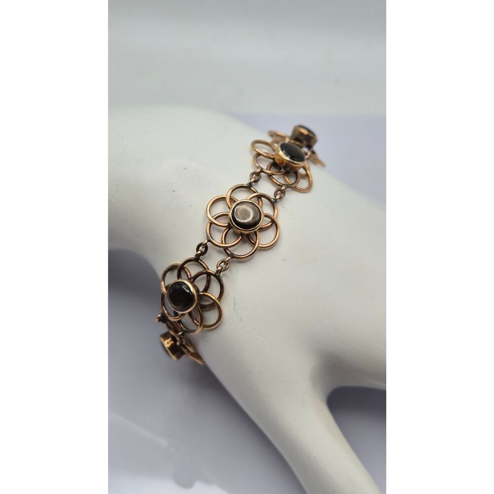 Vintage Modernist Cat's Eye Bracelet Floral Link Box Clasp 7"